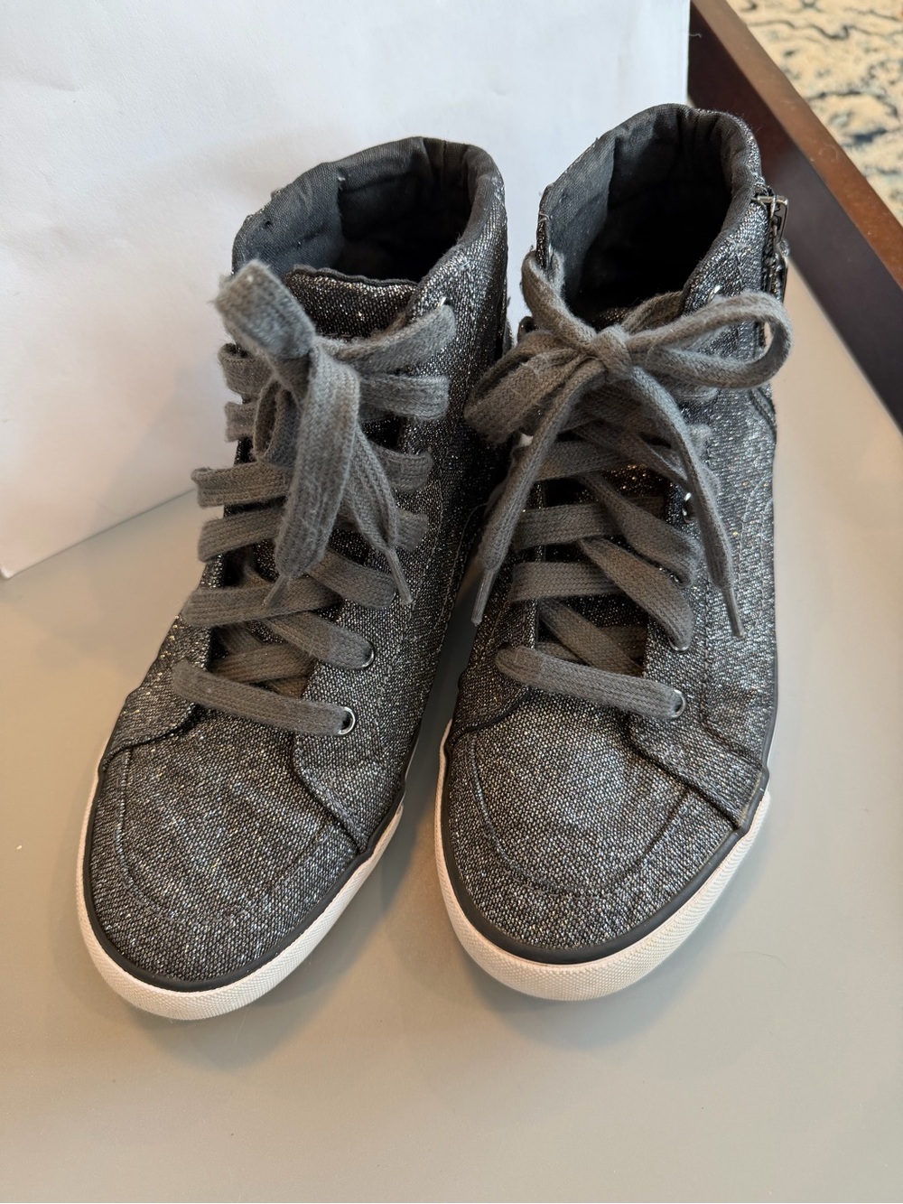 Y2K G by Guess high top sneakers gunmetal silver glitter sparkle canvas shoe